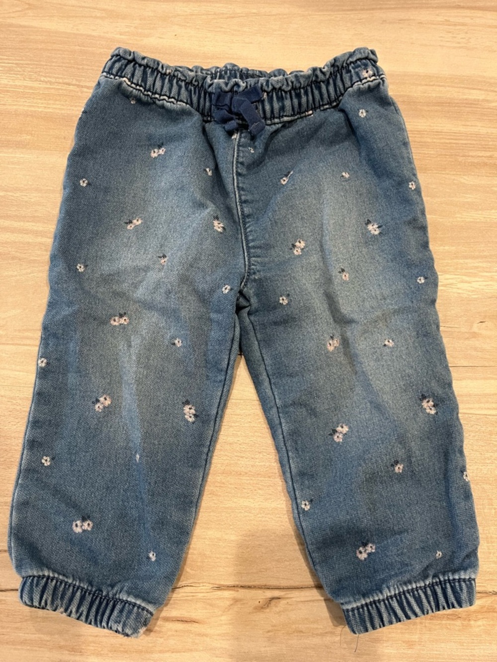 OshKosh B'gosh Light Blue Denim Jogger Pants with Pink Floral Embroidery